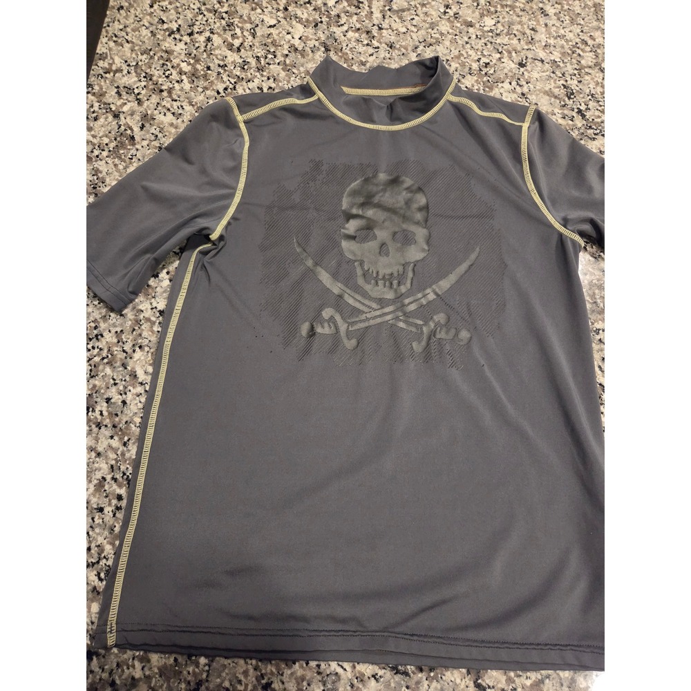 DBX‎ Rash Guard Boys 14-16 Gray Skull Pirate Graphic Short Sleeve Swim Shirt